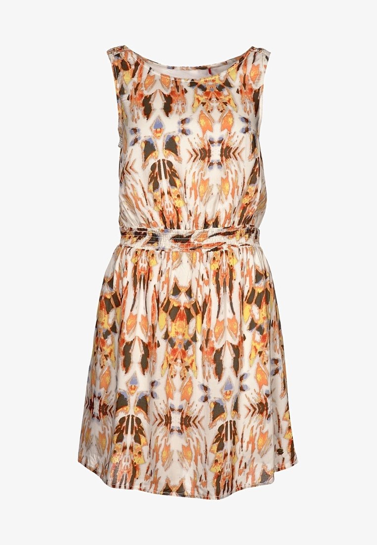 Robe sans manches en tissu léger avec un motif abstrait coloré dans les tons orange, marron et bleu. Taille élastique pour un ajustement parfait.