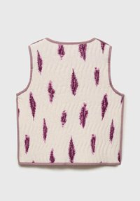 Gevoerde vest in off-white stof met een textuur, met een patroon van paarse bladvormen. Afgewerkt met lichtlavendel.