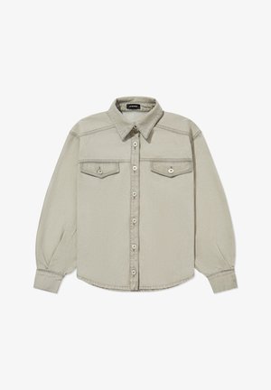 Soehuke hall denim särg terava kraega, nupuga esiosa ja kahe rinna-taskuga. Omab pikki varrukaid nupuga mansettidega ja sujuvat tekstuuri.