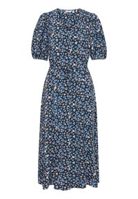 Blommig maxiklänning i mörkblått tyg med korta puffärmar, en cinchad midja och en snörningsdetalj med vita och ljusblå blommönster.