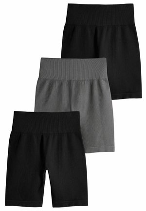 Drie paar shorts in zwarte en grijze tinten. Ze hebben een ribbeltextuur en brede, elastische taillebanden voor comfort.