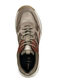 Sneaker in suede e pelle grigia con dettagli in tessuto, punta rotonda, collo imbottito e suola in gomma beige. Presenta dettagli marroni e metallici.