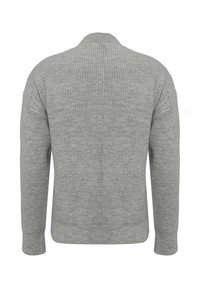 Grijze geribbelde trui, ontwerp met ronde hals, lange mouwen. Zachte textuur met een aansluitende taille en lichtgewicht materiaal. Eenvoudige en veelzijdige stijl.