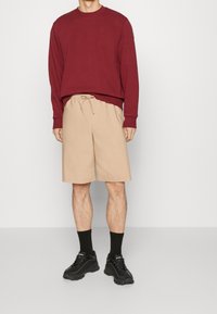 Felpa bordeaux, pantaloni cargo beige, sneaker nere e calze. La felpa ha un collo a giro; i pantaloni presentano una vita con coulisse.
