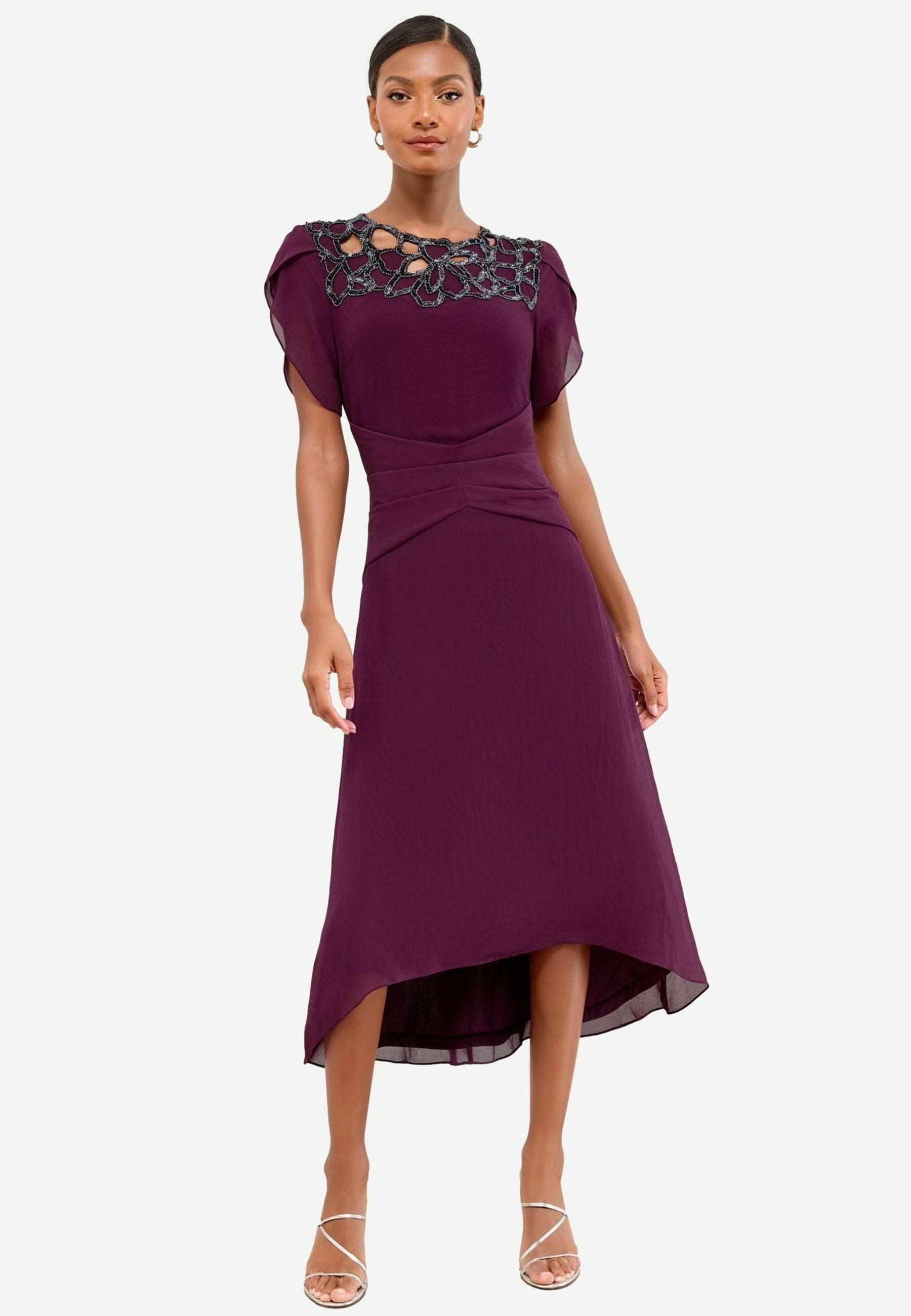 Lipsy REGULAR FIT - EMBELLISHED CUT OUT SHORT SLEEVE PLEATED FIT AND FLARE  MIDI - Cocktail dress / Party dress - burgundy red/purple - Zalando