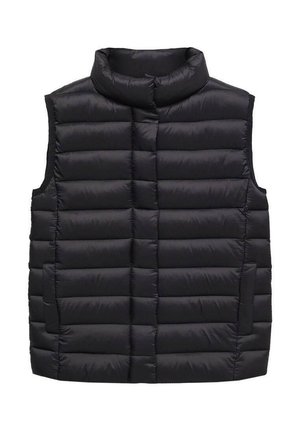 Veste sans manches matelassée noire avec un col montant, un design matelassé horizontal, deux poches latérales et une texture lisse et brillante.