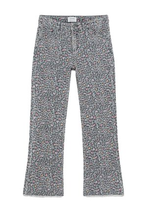 Vaqueros grises de denim con un estampado de leopardo multicolor, piernas rectas, bolsillos delanteros y cierre con botón en la cintura.