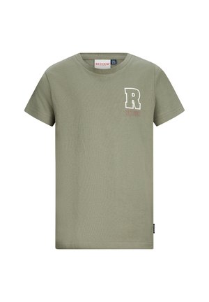 Olijfgroene korte mouw T-shirt voor kinderen met ronde hals en witte letter "R" en de tekst "RETOUR" op de linkerborst.