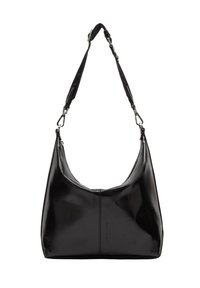 Czarna skórzana torba na ramię o gładkim, błyszczącym wykończeniu. Posiada luźny kształt, regulowany pasek oraz zamek błyskawiczny na górze.