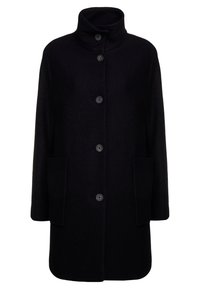 Svart ullkappa med hög krage, fem knappar fram och två sidfickor. Tyget har en mjuk, strukturerad yta.