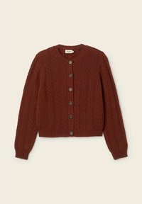 Ribbad brun cardigan med rund halsringning, långa ärmar och sex knäppningar samt en strukturerad stickad mönster.