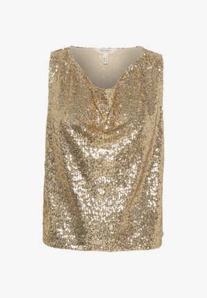 Kuldse täppidega topp pehme, langeva disainiga, sügava V-kaelusega ja siledast kangast vooderdusega. Ilma varrukateta ja nähtavate kinnitusteta.