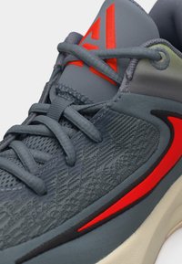 Εγγύς πλάνο ενός γκρι αθλητικού παπουτσιού με σκουρόχρωμες γκρι κορδόνια, υφασμάτινη υφή, κόκκινο σήμα Swoosh και κόκκινο λογότυπο στη γλώσσα.