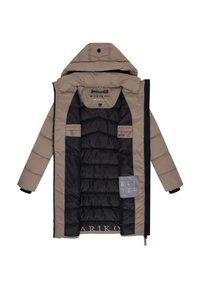 Beige and black padded winter coat with hood, open front showing interior pockets and brand label "MARIKOO."
