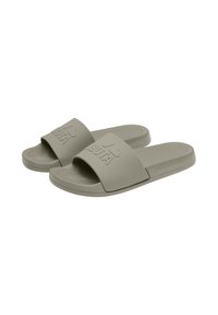 Green rubber slide sandals with a wide strap featuring embossed logo. Textured footbed and smooth sole for comfort.