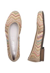 Texturierte Slipper mit einem mehrfarbigen Zickzackmuster und beigen Akzenten sowie einem niedrigen, stabilen Absatz. Antistress-Wechselfußbett für Komfort.