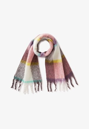 Mehrfarbiger Schal mit kariertem Muster in Rosa, Lila, Weiß und Grau. Hergestellt aus einem weichen Material mit fransigen Enden und einem dezenten Muster.