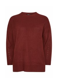 Sweter dzianinowy w głębokim burgundzie, z okrągłym dekoltem, szerokimi rękawami, teksturowanym materiałem oraz dekoracyjnymi wycięciami na rękawach.