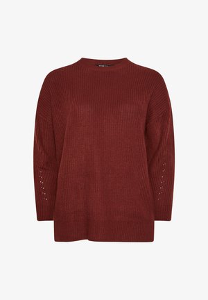 Sweter dzianinowy w głębokim burgundzie, z okrągłym dekoltem, szerokimi rękawami, teksturowanym materiałem oraz dekoracyjnymi wycięciami na rękawach.