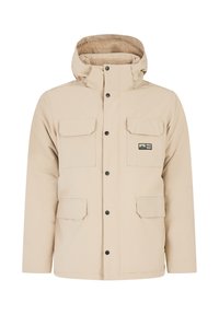 Beige vedenäyhteinen takki fleecevuorellisella hupulla, etupainikeskuksella ja neljällä taskulla. Vasemmassa rinnassa on logo.