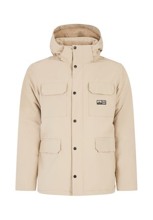 Beige waterproof jacket with a fleece-lined hood, front button closure, and four pockets. Features a logo on the left chest.