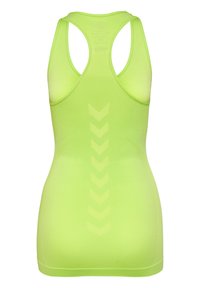 Neon zielona koszulka sportowa na ramiączkach o designie z tyłem w stylu racerback, teksturowana powierzchnia i wzór w zygzak wzdłuż środkowego tylnego panelu. Gładki materiał.