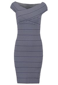 Námořnické bodycon šaty s vyhrnutým výstřihem, zdobené bílým zigzagovým vzorem, vyrobené z elastického materiálu pro přiléhavý střih.