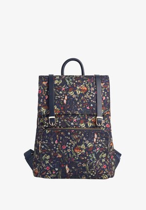 Floral-patterned backpack in navy, featuring leather straps, a top handle, a front zip pocket, and decorative hardware accents.