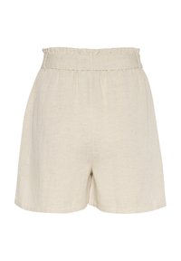 Lichtbeige linnen korte broek met een elastische, gerimpelde tailleband, voorzien van plooien en een ontspannen pasvorm. Geen zichtbare zakken of versieringen.