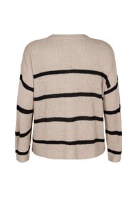 Bežna pulover s črnimi horizontalnimi črtami, okroglo izrezom in dolgimi rokavi. Pletena tekstura z ohlapnim krojem in ravnim robom.