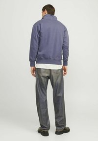 Felpa viola con collo alto, polsini e orlo a coste, abbinata a jeans in denim grigioli. Texture liscia, design semplice, senza loghi visibili.