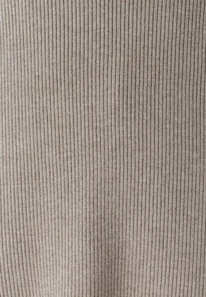 Ribbed knit fabric in light brown with subtle darker lines, providing a textured appearance and smooth finish. Suitable for versatile clothing.