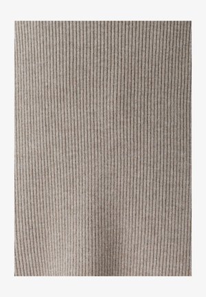 Ribbed knit fabric in light brown with subtle darker lines, providing a textured appearance and smooth finish. Suitable for versatile clothing.