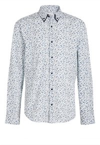Bílá košile s dlouhým rukávem s tmavě modrým květinovým vzorem, zapínáním na knoflíky vpředu a kontrastním detailem límce. Bavlněná látka s hladkou texturou.