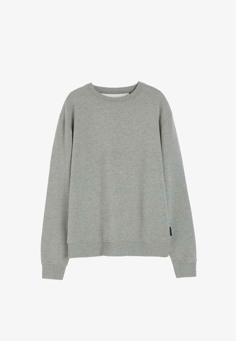 Jasnoszara bluza wykonana z miękkiego, strukturalnego materiału. Posiada okrągły dekolt, długie rękawy i luźny krój. Zawiera subtelny detal z logo.