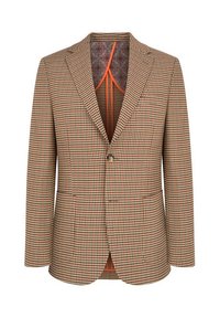 Brązowa marynarka w wzór houndstooth z klapami notch, dwiema kieszeniami i pomarańczowym wykończeniem. Posiada pojedyncze zapięcie na guzik.