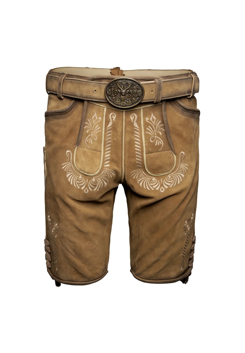 Lederhosen en cuir marron avec broderies blanches complexes, dotés de deux poches avant et d'une ceinture décorative avec une boucle en métal vintage.