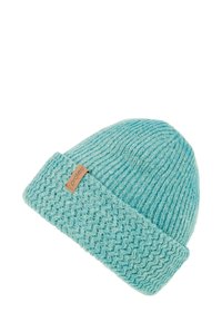 Lichtblauwe gebreide beanie met een textuurpatroon en een omgeslagen rand. Bevat een klein bruin leren label met het merk "Protest."