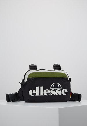 Black and olive green Ellesse waist bag with front zipper pocket and adjustable strap, displayed on a white surface.