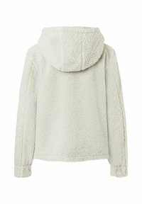 Light gray hooded jacket made of soft, fluffy fleece, featuring long sleeves and a relaxed fit, with no visible fastenings or patterns.