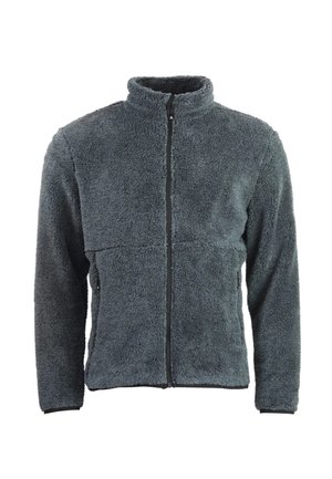 Dunkelgraue Fleecejacke mit durchgehendem Reißverschluss, hohem Kragen und langen Ärmeln, mit zwei seitlichen Reißverschlusstaschen.