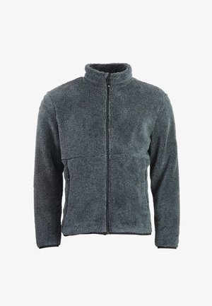 Dunkelgraue Fleecejacke mit durchgehendem Reißverschluss, hohem Kragen und langen Ärmeln, mit zwei seitlichen Reißverschlusstaschen.