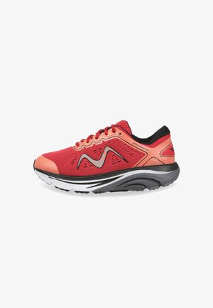 Red athletic shoe with a mesh upper, contrasting orange accents, and a curved black and white sole. Features a wavy pattern on the side.