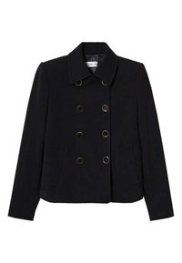 Podwójnie zapinana czarna marynarka uszyta z grubego materiału, z złotymi guzikami, spiczastym kołnierzem i dwiema przednimi kieszeniami.