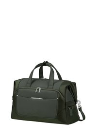 Sac de sport vert foncé en tissu durable, doté de poignées doubles, d'une bandoulière réglable et d'une poche zippée à l'avant avec un accent métallique.