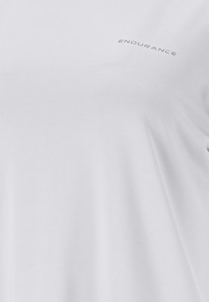 T-shirt de sport à manches courtes blanc, fabriqué en tissu lisse, avec un léger logo « ENDURANCE » en gris clair près du col.