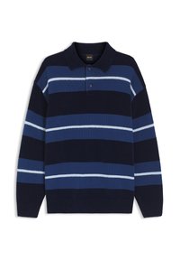 Navy blue striped polo sweater featuring alternating shades of blue, a collar, and two-button placket. Soft knit fabric with ribbed cuffs.