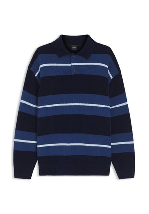 Navy blue striped polo sweater featuring alternating shades of blue, a collar, and two-button placket. Soft knit fabric with ribbed cuffs.