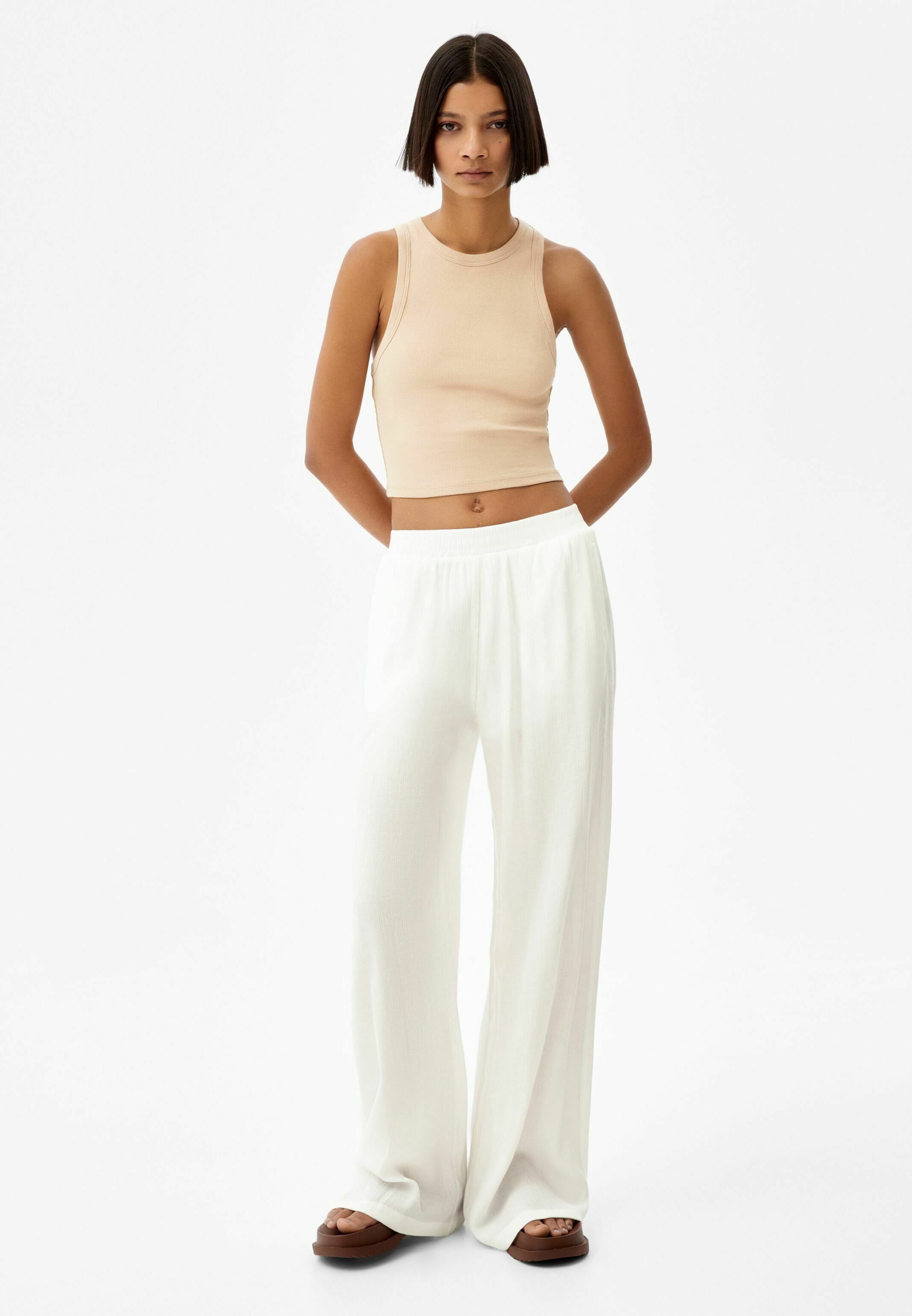 Bershka WIDE-LEG CREPE - Pantaloni - white/bianco - Zalando.it