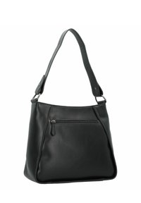 Black leather handbag with a structured shape, adjustable shoulder strap, front zip pocket, and smooth texture.